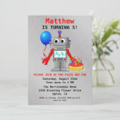 Schattigee rode, blauwe en grijze robotverjaardags kaart (Staand voorkant)