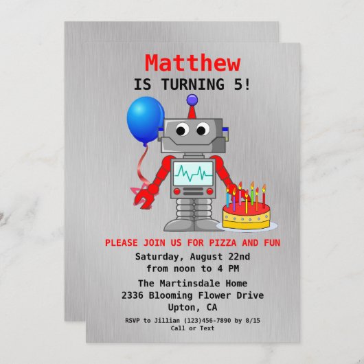 Schattigee rode, blauwe en grijze robotverjaardags kaart (Voorkant / Achterkant)