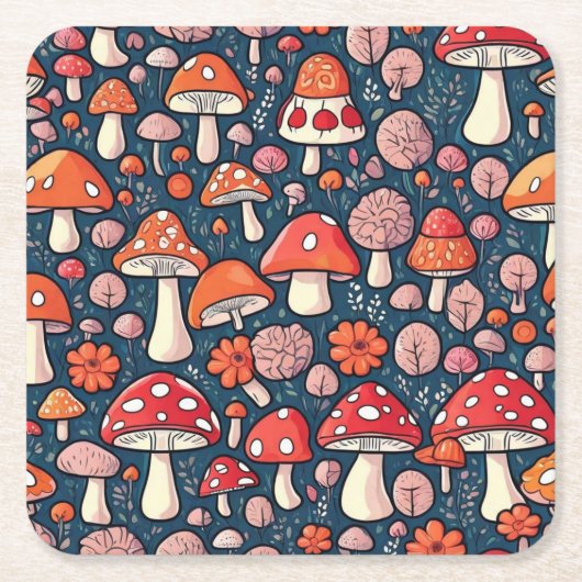 Schattigee rode bloemenpaddenstoelen in groen deco kartonnen onderzetters (Voorkant)