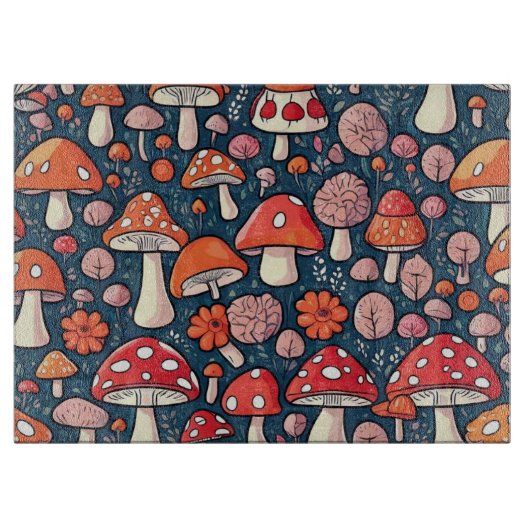 Schattigee rode bloemenpaddenstoelen in groen deco snijplank (Voorkant)