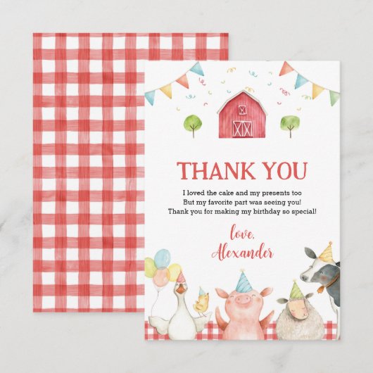 Schattigee rode boerderijdieren en boerderijverjaa bedankkaart (Voorkant / Achterkant)