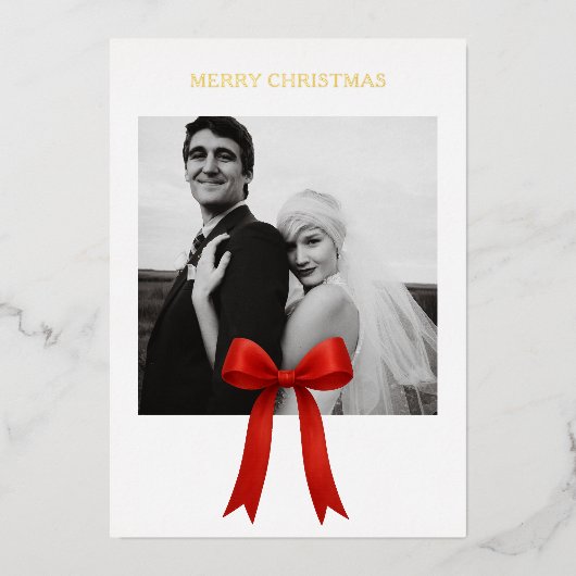 Schattigee rode boog foto vrolijk kerstfeest folie feestdagenkaart (Voorkant)
