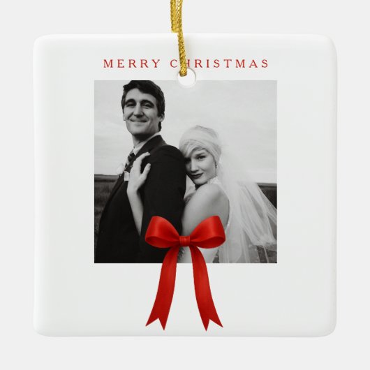 Schattigee rode boog foto vrolijk kerstfeest keramisch ornament (Voorkant)