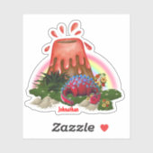 Schattigee rode dinosaurusvulkaan regenboogbloem sticker (Vel)