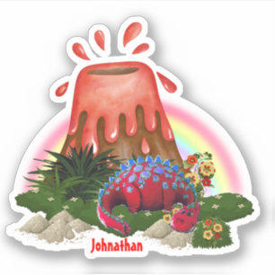 Schattigee rode dinosaurusvulkaan regenboogbloem sticker