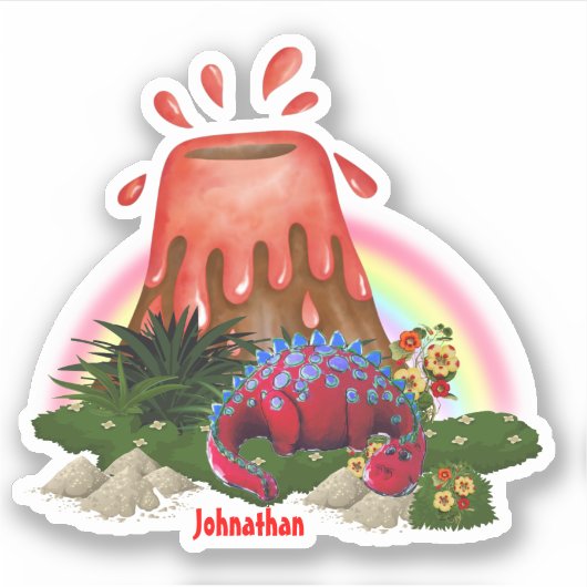 Schattigee rode dinosaurusvulkaan regenboogbloem sticker (Voorkant)