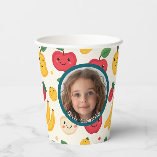 Schattigee Rode en Gele Kersen Custom Foto en Naam Papieren Bekers (Achterkant)