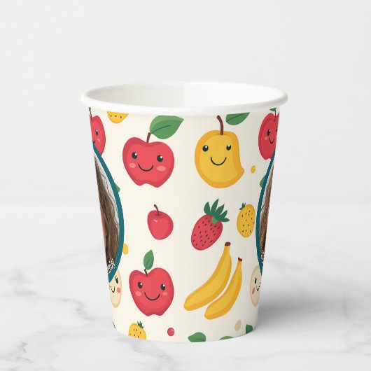 Schattigee Rode en Gele Kersen Custom Foto en Naam Papieren Bekers (Links)