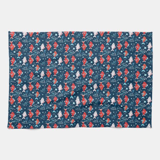 Schattigee rode en witte vis theedoek (Horizontaal)