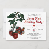 Schattigee rode frambozenbessen eerste verjaardags kaart (Voorkant)