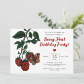Schattigee rode frambozenbessen eerste verjaardags kaart (Staand voorkant)