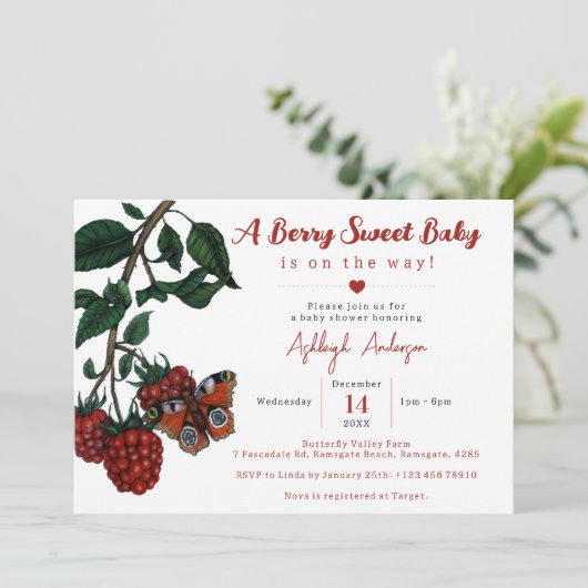 Schattigee rode frambozenbessen zoet Baby shower Kaart (Staand voorkant)