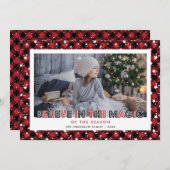 Schattigee rode geruite sterren sneeuw foto feestdagenkaart (Voorkant / Achterkant)