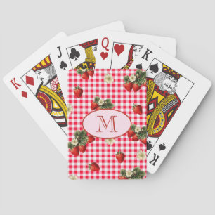 Schattigee Rode Gingham Aardbeien Custom Monogram Pokerkaarten