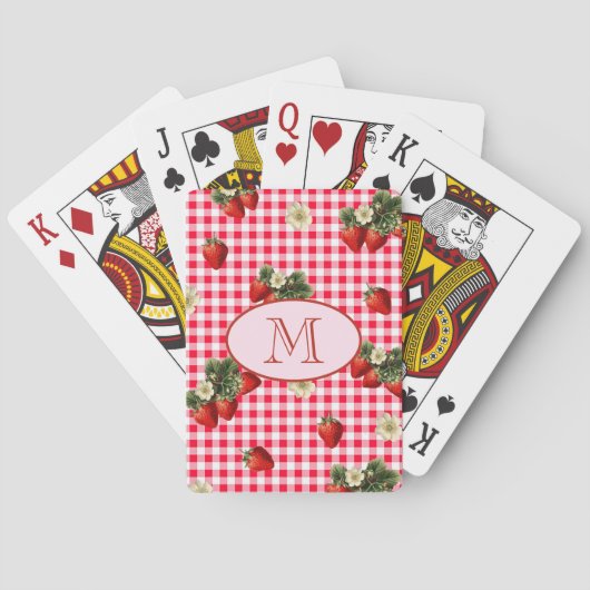 Schattigee Rode Gingham Aardbeien Custom Monogram Pokerkaarten (Achterkant)
