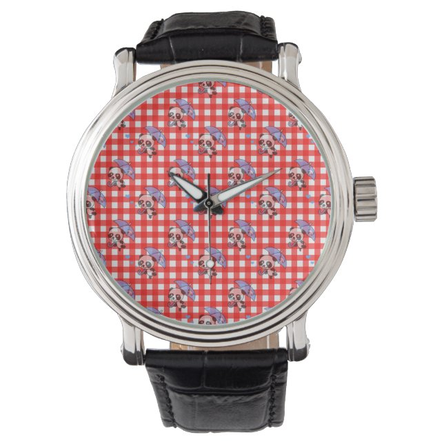 Schattigee rode gingham check ontwerp horloge (Voorkant)