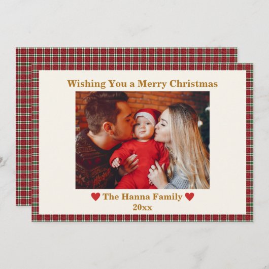 Schattigee Rode Gingham Plaid Custom Photo Christm Feestdagenkaart (Voorkant / Achterkant)
