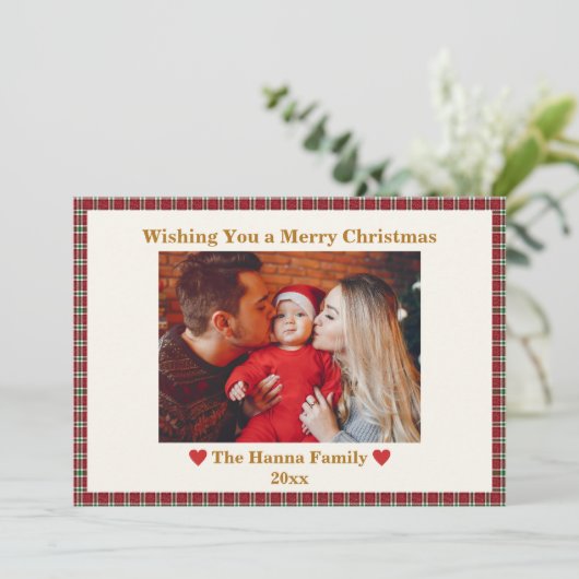 Schattigee Rode Gingham Plaid Custom Photo Christm Feestdagenkaart (Staand voorkant)