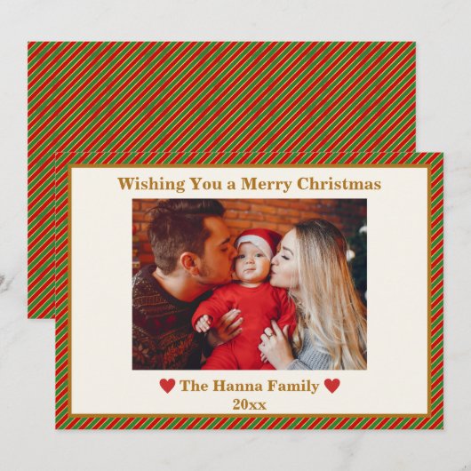 Schattigee rode, groene en gouden foto vrolijk ker feestdagenkaart (Voorkant / Achterkant)