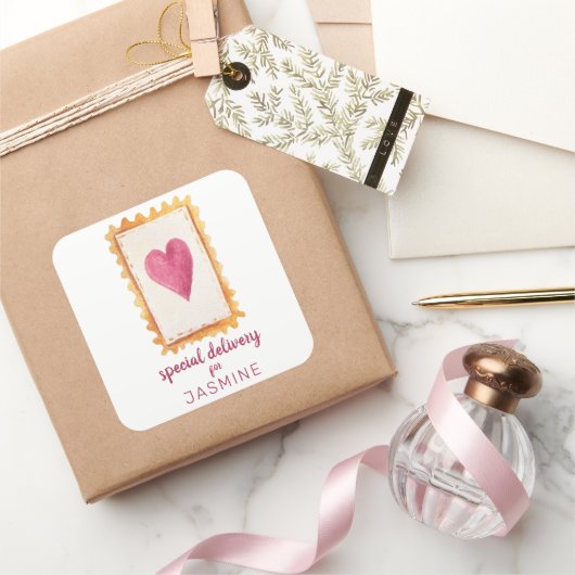 Schattigee Rode Hartstempel Speciale Levering Vale Vierkante Sticker (Geschenken)