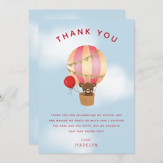 Schattigee Rode Hete Luchtballon Kinderen Verjaard Bedankkaart (Voorkant / Achterkant)