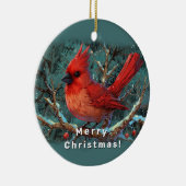 Schattigee rode kardinaal met winterrode bessen keramisch ornament (Rechts)