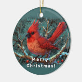 Schattigee rode kardinaal met winterrode bessen keramisch ornament (Links)