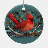 Schattigee rode kardinaal met winterrode bessen keramisch ornament (Achterkant)