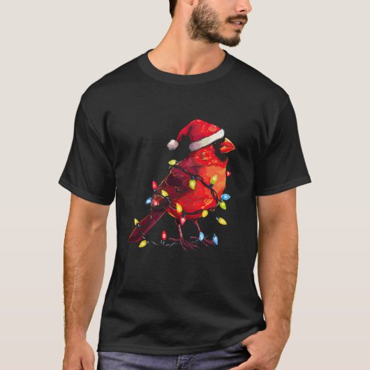 Schattigee Rode Kardinaal Santa Xmas Lights Kerstv T-shirt (Voorkant)