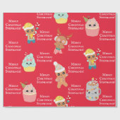 Schattigee Rode Kawaii Christmas Food Kinder Naam  Cadeaupapier (Vlak)