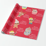 Schattigee Rode Kawaii Christmas Food Kinder Naam  Cadeaupapier<br><div class="desc">Schattig rood kerstinpakpapier met verschillende kawaii kerstvoedselkarakters. Het ontwerp kan gemakkelijk worden gepersonaliseerd met de naam van uw dierbaren.</div>