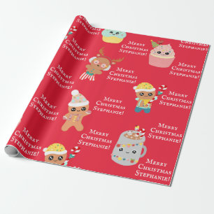 Schattigee Rode Kawaii Christmas Food Kinder Naam  Cadeaupapier