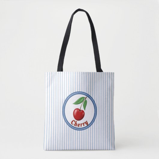 Schattigee rode kers en blauwe strepen gepersonali tote bag (Voorkant)
