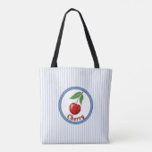 Schattigee rode kers en blauwe strepen gepersonali tote bag (Achterkant)