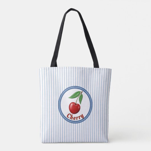 Schattigee rode kers en blauwe strepen gepersonali tote bag (Achterkant)