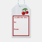 Schattigee rode kersen fruit op Blue Stripes Desig Cadeaulabel (Achterkant)