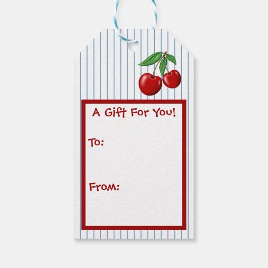 Schattigee rode kersen fruit op Blue Stripes Desig Cadeaulabel (Achterkant)
