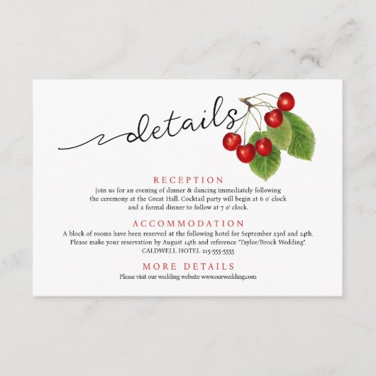 Schattigee rode kersen modern script bruiloft deta informatiekaartje (Voorkant)