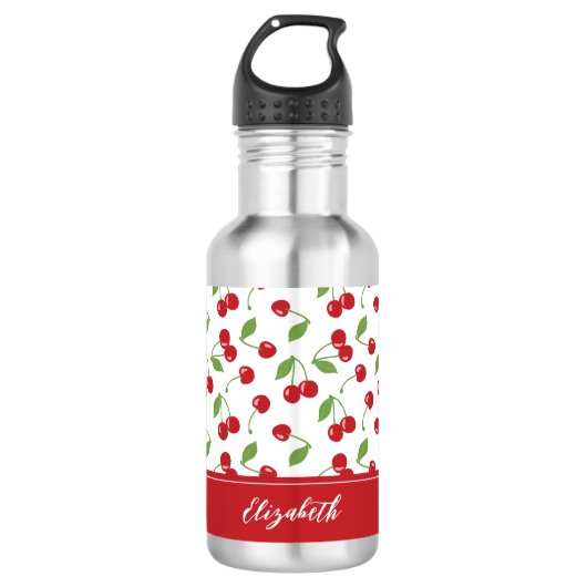 Schattigee Rode Kersenpatroon Monogram Naam Waterfles (Voorkant)