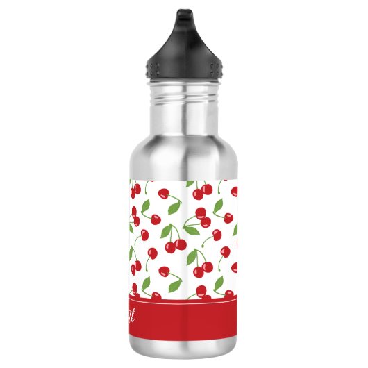 Schattigee Rode Kersenpatroon Monogram Naam Waterfles (Rechts)