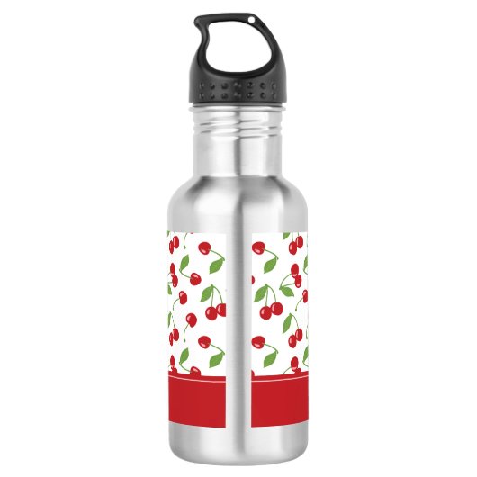 Schattigee Rode Kersenpatroon Monogram Naam Waterfles (Achterkant)