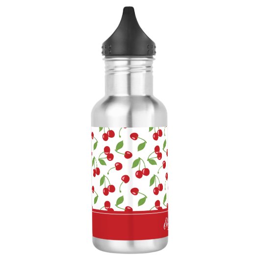 Schattigee Rode Kersenpatroon Monogram Naam Waterfles (Links)