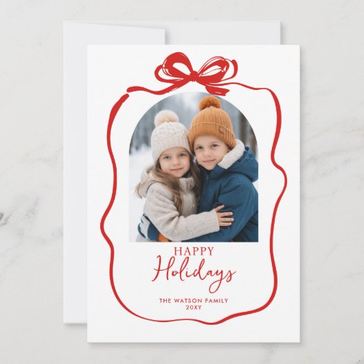 Schattigee Rode Kerst 4 Foto Hand-Drawn Bow Ribbon Feestdagenkaart (Voorkant)
