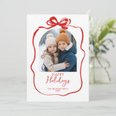 Schattigee Rode Kerst 4 Foto Hand-Drawn Bow Ribbon Feestdagenkaart (Staand voorkant)