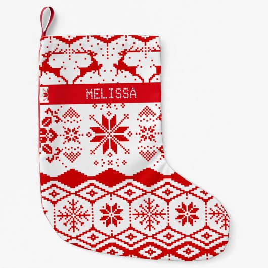 Schattigee rode kerst gebreide rendieren en sneeuw kleine kerstsok (Voorkant)