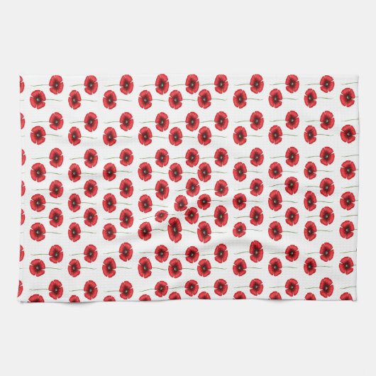Schattigee rode klaprozen op witte bloemenkeukenha theedoek (Horizontaal)