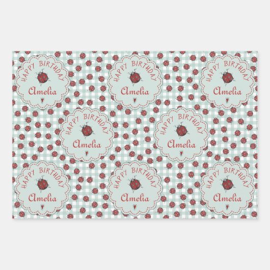 Schattigee rode lieveheersbeestje gepersonaliseerd inpakpapier vel (Voorkant)