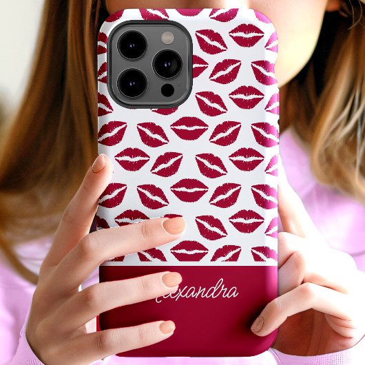 Schattigee rode lippenstift kisses script naam Case-Mate iPhone case