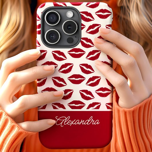 Schattigee rode lippenstift kisses script naam Case-Mate iPhone case