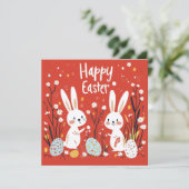 Schattigee rode paasvakantie Kaart met twee konijn (Staand voorkant)